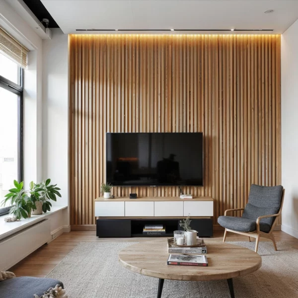 Modernes Wohnzimmer mit einer Akzentwand aus Akustikpaneele Eiche natur, die einen warmen, natürlichen Holz-Look verleiht. Die Akustikpaneele Holz verlaufen vertikal hinter einem montierten Flachbildfernseher, ergänzt durch einen grauen Sessel, Pflanzen und einen Couchtisch.