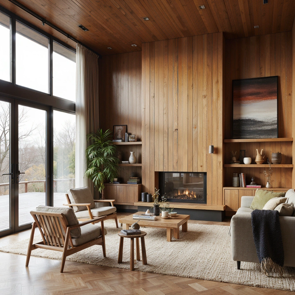 [1] Gemütliches Wohnzimmer mit vertikaler Wandverkleidung aus Holz und Kamin. Große Fenster lassen viel Licht herein, ergänzt durch Sitzmöbel mit hellen Polstern, Holztische und dezente Dekoration.