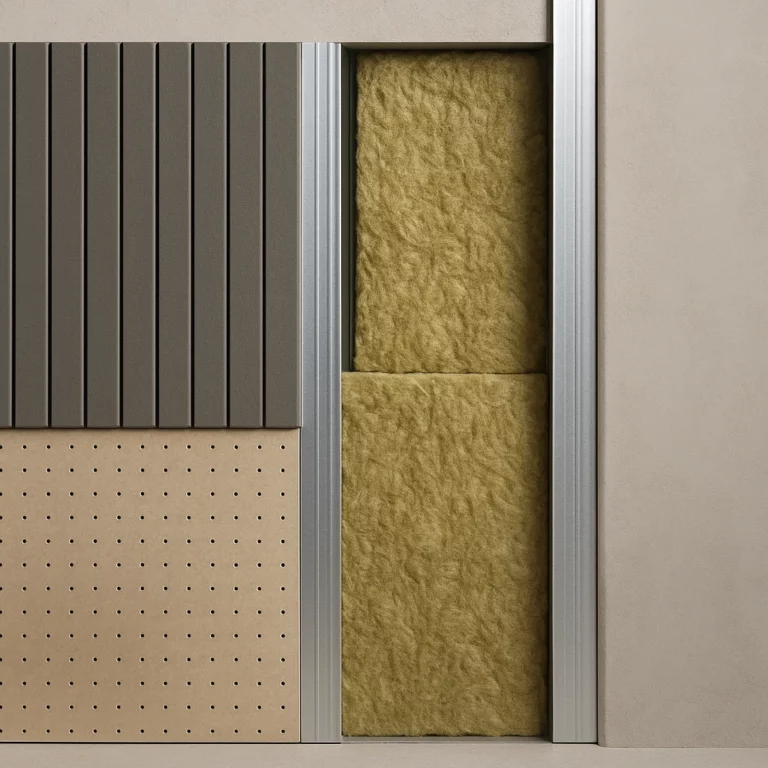 Detailaufnahme einer professionellen Schallisolation Wand mit sichtbarer Metallkonstruktion, mineralischer Dämmwolle und modernen Akustikplatten – ideal zur Reduzierung von Lärm in Innenräumen.