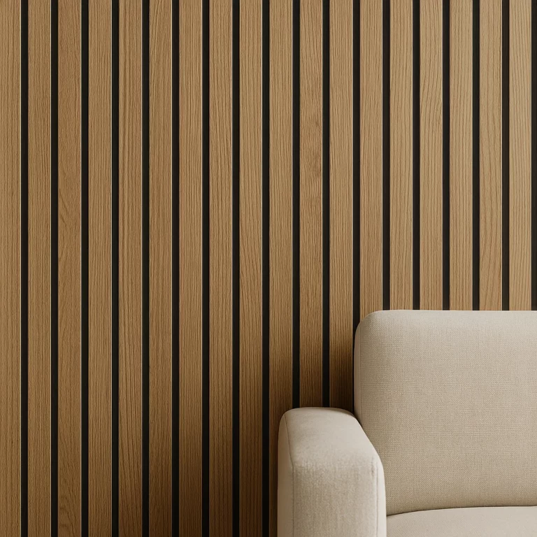 akustikpaneele mit lärmdämmung in vertikaler Holzlamellen-Optik – natürliche Holzstruktur mit dunklen Fugen, kombiniert mit der Aufschrift „Akustikpaneele – Lärmdämmung und stilvolles Design in einem“ auf hellem Hintergrund