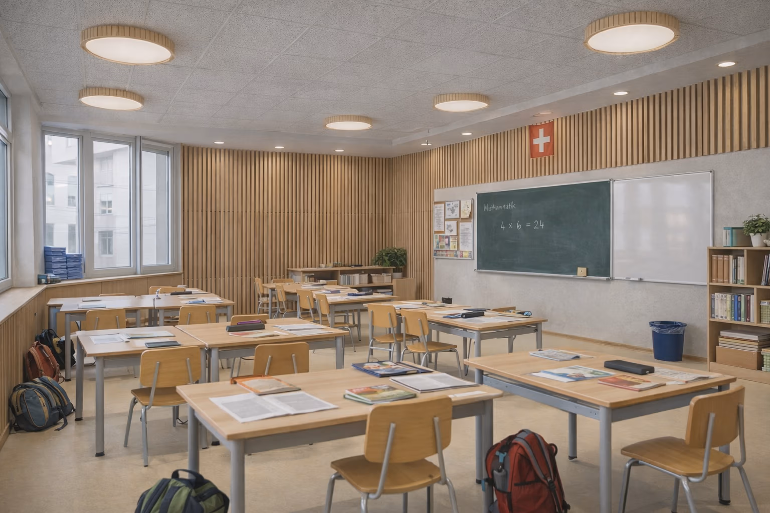 Akustik-und-Brandschutz-für-Bildungseinrichtungen Schweizer Klassenzimmer mit bodenhoher Akustikpaneel-Wand aus Holz, verbessertem Schallschutz und viel Tageslicht