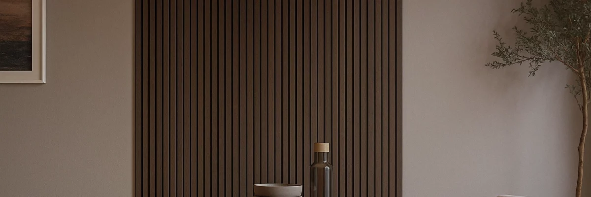 Holzpaneele Swissmark Design Moderner Essbereich mit vertikal montierten dunklen Holzpaneele an der Wand, runder Holztisch mit Schale und Glasflasche, daneben ein dezenter Stuhl und eine große Zimmerpflanze in ruhigem, minimalistischen Interieur.