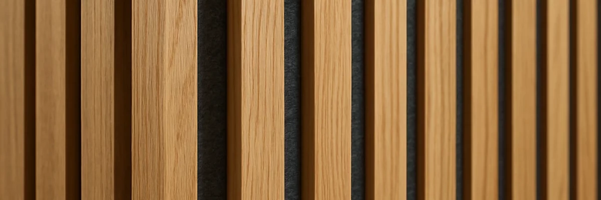 Akustikplatten2 Detailaufnahme von Akustikplatten Holz mit vertikalen Lamellen und dunkler Akustikunterlage, ideal für stilvolle Wand- und Deckenverkleidungen zur Verbesserung der Raumakustik